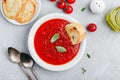 Tomato basil soup with bread toasts on gray stone background Royalty Free Stock Photo