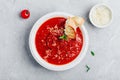 Tomato basil soup with parmesan cheese and bread toasts on gray stone background Royalty Free Stock Photo