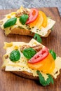 Tomato and basil summer sandwich on kitchen board Royalty Free Stock Photo