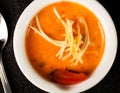 Tomato Bisque Soup in White Bowl and Spoon Royalty Free Stock Photo