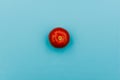Tomato on a blue background. Red round vegetable for cooking. Flat lay, top view Royalty Free Stock Photo