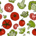 Tomato, broccoli, cauliflower seamless pattern, colored sketch illustration isolated on white background Royalty Free Stock Photo