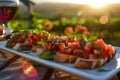 tomato bruschetta topped with fresh basil on crispy bread Royalty Free Stock Photo