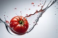 tomato caught mid-air with droplets of water cascading around it, positioned centrally against a stark backdrop