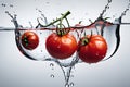 tomato caught mid-air with droplets of water cascading around it, positioned centrally against a stark backdrop