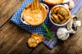 Tomato and cheese dip baked with crispy garlic toast Royalty Free Stock Photo