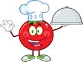 Tomato Chef Cartoon Mascot Character Holding A Cloche Platter