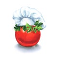 Tomato with chef hat and parsley, idea food, creative business concept. Restaurant character, chef symbol, isolated