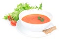 Tomato cream soup garnished with salad leaves