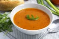 Tomato cream soup in a white bowl with arugula garnish Royalty Free Stock Photo