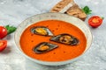 Tomato creamy soup with mussels seafood. Restaurant menu, dieting, cookbook recipe top view