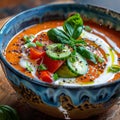 Tomato and Cucumber Gazpacho in Blue Bowl with White Sauce and Greens Close Up, Cold Gaspacho Royalty Free Stock Photo