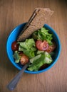 Tomato cucumber olives salad with crispy rye bread close up Royalty Free Stock Photo