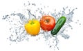 Tomato, cucumber, pepper in spray of water