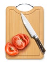 Tomato cuted segment with knife on hardboard Royalty Free Stock Photo