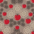 Tomato Decor-Vegi Delight seamless Repeat Pattern illustration.Background in red,green and black.