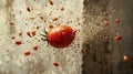 Tomato exploding against concrete wall, high-speed splash capture, seeds flying Royalty Free Stock Photo