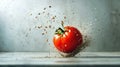 Tomato exploding against concrete wall, high-speed splash capture, seeds flying Royalty Free Stock Photo