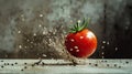 Tomato exploding against concrete wall, high-speed splash capture, seeds flying Royalty Free Stock Photo