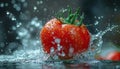 A tomato is falling into a puddle of water by AI generated image Royalty Free Stock Photo