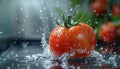 A tomato is falling into a puddle of water by AI generated image Royalty Free Stock Photo