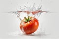 Tomato falling into water with splash and drops isolated on white background