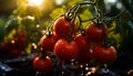 Tomato farm with red ripe tomatoes sunlit. A bunch of tomatoes hanging from a vine Royalty Free Stock Photo