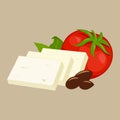 Feta cheese, red ripe tomato and olives. Dairy product appetizer dish from Greece. Vector illustration Royalty Free Stock Photo