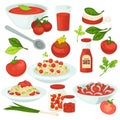 Tomato food meals, salads and dishes with tomatoes vegetable ingredient. Royalty Free Stock Photo