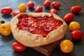 Tomato galette or tart with onion rings on the wooden board decorated with various cherry tomatoes. Traditional Italian food