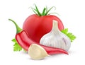 Tomato, garlic, chili pepper isolated on white background Royalty Free Stock Photo