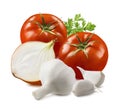 Tomato, garlic, onion and herbs isolated on white background Royalty Free Stock Photo