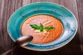 Tomato gazpacho soup with basil, feta cheese, ice and bread on dark wooden background, Spanish cuisine. Ingredients on table