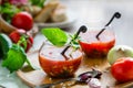 Tomato gazpacho soup in two glass cups