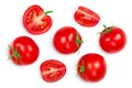 Tomato with half and slices isolated on white background. Clipping path and full depth of field. Top view. Flat lay Royalty Free Stock Photo