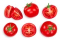 Tomato with half and slices isolated on white background. Clipping path and full depth of field. Top view. Flat lay Royalty Free Stock Photo