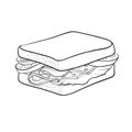 Tomato, ham, cheese and lettuce sandwich. Contour isolated on white