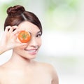 Tomato and happy woman smile for health concept Royalty Free Stock Photo