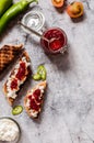 Tomato and Hot Pepper Jam, Toasts, Cheese