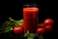 Tomato juice and fresh tomatoes on wood table with dark background, healthy organic drink concept