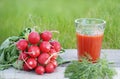 Tomato juice with fresh vegetables on wooden table. Royalty Free Stock Photo