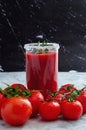 Tomato juice garnished with a rosemary branch and fresh ripe red cherry tomatoes Royalty Free Stock Photo