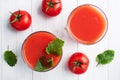 Tomato juice in glass glasses and fresh ripe tomatoes on a branch. White wooden background with copy space. Royalty Free Stock Photo