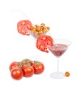 Tomato juice in the glass, orange cherry tomatoes and red tomato Royalty Free Stock Photo