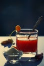 Tomato juice in a glass with salt and apples in the early morning