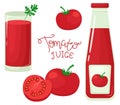 Set of tomatoes, a glass and a bottle of tomato juice. Vector illustration in cartoon flat style. Royalty Free Stock Photo