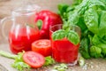 Tomato juice. Vegetable juice made of tomatoes, bell peppers, celery, Basil