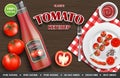 Tomato ketchup ad. Realistic ketchup sauce bottle with tomato and plate on wooden background. vector illustration