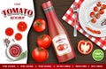 Tomato ketchup ads. Realistic ketchup sauce bottle with fresh tomatoes and plate on wooden background. 3d vector