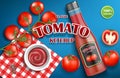 Tomato ketchup advertising for your design. Realistic ketchup sauce bottle with fresh tomatoes on blue background. 3d